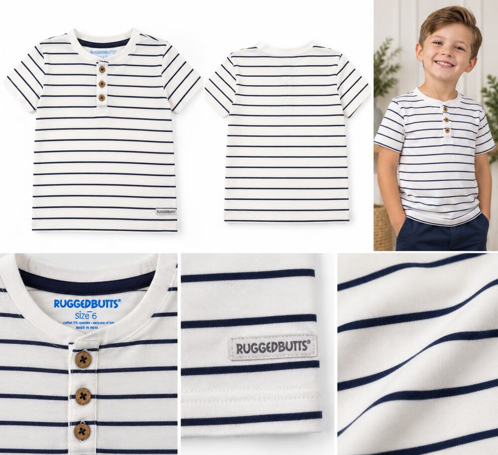 RuggedButts Boys Striped Short Sleeve Henley Shirt – Size 6